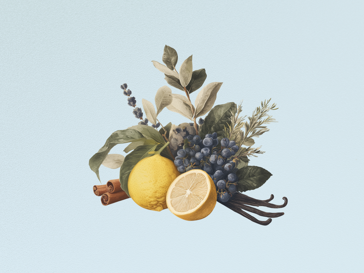 Illustration of Yuki no Mado Dry Gin botanicals including lemon, juniper berries, lavender, cinnamon, and vanilla